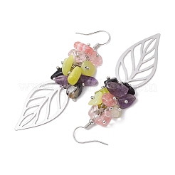 Leaf 201 Stainless Steel Natural Amethyst & Natural Lemon Jade & Natural Tourmaline & Synthetic Cherry Quartz Chip Dangle Earrings&nbsp;EJEW-JE06138-04