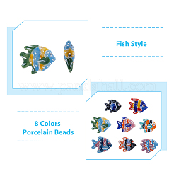 16 個 8 色の手作り磁器ビーズ  手描きの陶器ビーズ  魚  ミックスカラー  17~18x21~22x7~7.5mm  穴：2mm  2個/カラー&nbsp;PORC-DC0001-01