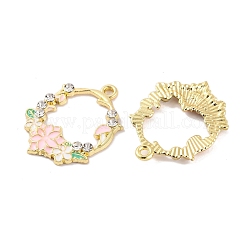 メッキ合金エナメルチャームラック  ラインストーン付き  ゴールドカラー  花輪のチャーム  ピンク  28.5x22x2.5~3mm  穴：1.2mm&nbsp;FIND-M020-03A-G