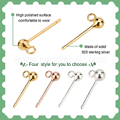 4ペア 4スタイル 925スターリングシルバースタッドピアス金具  丸玉スタッドピアスポスト  カン付き  ミックスカラー  14~15x3~4mm  穴：1.6mm  ピン：0.7mm  1ペア/スタイル&nbsp;STER-PH0001-07