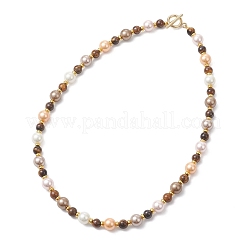 9MM Shell Pearl with 7MM Natuarl Tiger Eye Round Beaded Necklaces for Women&nbsp;NJEW-JN05699