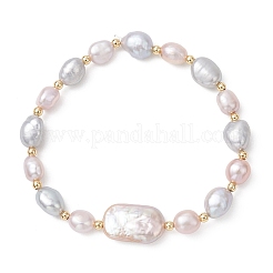 Natural Cultured Freshwater  Pearl & Brass Beads Stretch Bracelet for Women&nbsp;BJEW-JB13209