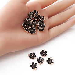 ライトゴールドメッキの合金エナメルペンダント  花のチャーム  ブラック  13x11.5x3mm  穴：1.6mm&nbsp;ENAM-YW0002-20E