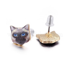 Real 14K Gold Plated Alloy Kitten Stud Earrings&nbsp;EJEW-G148-01G-05