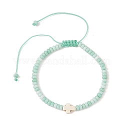 Adjustable Dyed Synthetic Turquoise Religion Cross & Ombre Effect Dyed Glass Rondelle Braided Bead Bracelets&nbsp;BJEW-JB14309-01
