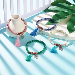 天然宝石とウッドストレッチブレスレット  女性用ハムサハンドアロイ＆ポリエステルタッセルチャームブレスレット  内径：2-3/8インチ（6cm）&nbsp;BJEW-JB07936