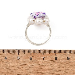 Silver Tone Copper Wire Wrapped Polymer Clay 3D Flower Plumeria & Shell Pearl Beaded Finger Rings&nbsp;RJEW-JR01098