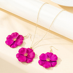 花合金エナメルペンダントネックレス＆ダングルイヤリング  ゴールドカラー  フクシア  370ミリ＆65x41mm&nbsp;FS-WG56F9D-01