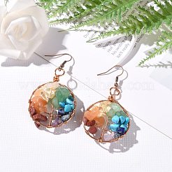 Natural & Synthetic Mixed Gemstone Chips Braided Ring with Tree of Life Dangle Earrings&nbsp;EJEW-JE04878-02