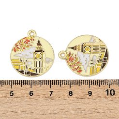 合金エナメルチャーム  ゴールドカラー  ビッグベンチャーム付きのフラットラウンド  淡黄色  26x23x1mm  穴：1.8mm&nbsp;ENAM-V001-02C-G