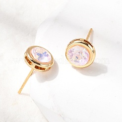 真鍮ガラススタッドピアス  フラットラウンド  ニッケルフリー  18KGP本金メッキ  ピンク  8.5mm&nbsp;EJEW-F391-05G-01
