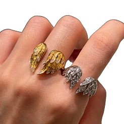 合金ラインストーンカフオープンリング  天使の翼  積み重ね可能なリング  ゴールデン＆シルバー  クリスタル  usサイズ4 1/4(15~20mm)  約2個/セット&nbsp;WGEE099-01