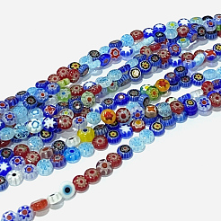 ハンドメイドミッレフィオーリガラスフラットラウンドビーズ連売り  シングルフラワーデザイン  カラフル  6x2.5mm  穴：1mm  約64~68個/連  14.5~15インチ&nbsp;X-LK-P010-03