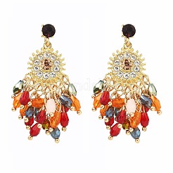 ボヘミアスタイルの合金アクリルタッセルダングルスタッドピアス（女性用）  フラットラウンド  ゴールドカラー  45x16.5mm&nbsp;EJEW-G435-01G