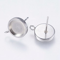 変色しない304ステンレススチールスタッドピアスセッティング  カン付き  フラットラウンド  ステンレス鋼色  トレイ：8mm  13x10mm  穴：1.5mm  ピン：0.8mm&nbsp;STAS-I097-062-8MM
