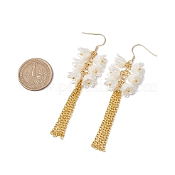 アクリルダングルピアス  ガラスビーズと鉄のアズキチェーン付き  花  ホワイト  90x25mm&nbsp;EJEW-JE06228-01