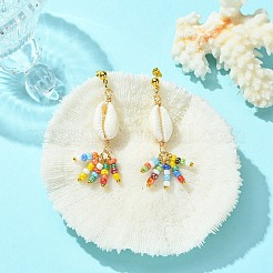 Natural Shell & Glass Seeds Dangle Stud Earrings&nbsp;EJEW-JE05408