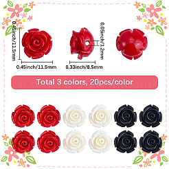 60個 3色合成珊瑚彫刻ビーズ  染め  花  ミックスカラー  11.5x11.5x8.5mm  穴：1.2mm  20個/カラー&nbsp;CORA-SC0001-26