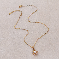 Vintage 304 Stainless Steel Glass Flower Pendant Necklaces with Imitation Pearl for Women&nbsp;BV5494