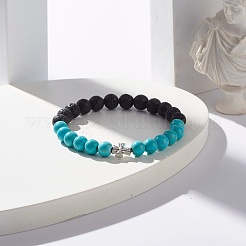 Round Synthetic Turquoise & Natural Lava Rock Stretch Bracelet&nbsp;BJEW-JB07470-03