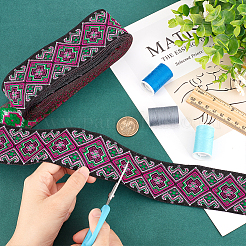 エスニック風刺繍ポリエステルリボン 7m  ジャカードリボン  チロリアンリボン  服飾材料  花柄  濃いピンク  1-7/8インチ（49mm）  約7.66ヤード（7m）/ pc&nbsp;OCOR-WH0020-16A-02