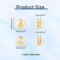 100 個 2 スタイル合金ビーズ  カドミウムフリー＆鉛フリー  ラウンド  ライトゴールド  6x5.5~6mm  穴：1.4~1.5mm  50個/スタイル&nbsp;FIND-DC0002-08