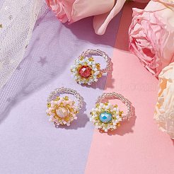 女性用フラワーガラスシードビーズストレッチリング  ミックスカラー  17mm  内径：20mm  3個/セット&nbsp;RJEW-MZ00022