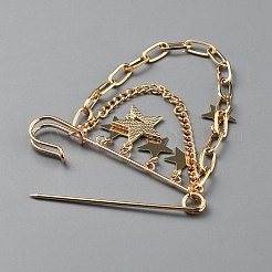 スター合金アクリル吊り下げチェーンブローチ  セーター ショール クリップ 襟 洋服用ブローチ  ガラスと  ゴールドカラー  90x70mm&nbsp;JEWB-WH0045-17G
