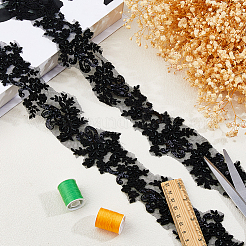 2ヤードのポリエステル製フラワー刺繍レーストリム、ガラスビーズ付き  服飾材料  ブラック  2-1/2インチ（63mm）  約2.00ヤード（1.83m）/セット&nbsp;OCOR-DC0001-27B
