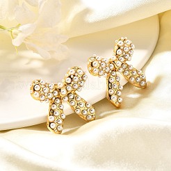304ステンレススチールの蝶結びスタッドピアス  シェルパール付き  18KGP本金メッキ  30x30mm&nbsp;EJEW-A123-02A-G