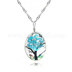 Oval Glass with Dried Flower Tree of Life Pendant Alloy Singapore Chain Necklaces&nbsp;FS-WG9834F-08
