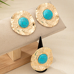 Flat Round Alloy & Synthetic Turquoise Ring & Stud Earring Sets&nbsp;FS-WG73FC1-02