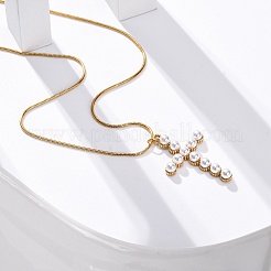 PVD 真空メッキ 304 ステンレススチール & プラスチック パール クロス ペンダント ラウンド スネーク チェーン ネックレス 女性用  長持ちメッキ  ゴールドカラー  15.83インチ（40.2cm）&nbsp;STAS-Z114-20G
