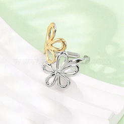 女性用304ステンレススチールオープンカフリング  黄金＆ステンレススチール  花  26mm  内径：18mm&nbsp;RJEW-K321-03E
