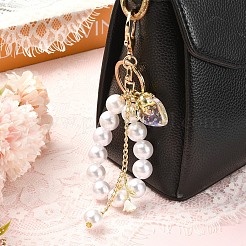 アクリル＆ABS樹脂製パールビーズキーホルダー  鉄製のスプリットキーリングと合金製のカニカン付き  苺  ゴールドカラー  透明  160mm&nbsp;KEYC-YW00299-01