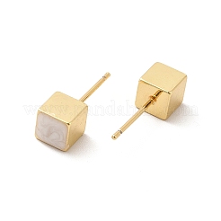 エナメル キューブ スタッド ピアス  女性のための18KGP本金メッキ真鍮ジュエリー  ホワイト  6x6mm  ピン：0.8mm&nbsp;EJEW-P210-02G-01