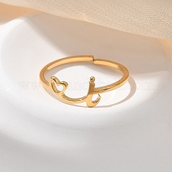 女性用304ステンレススチールカフリング  文字a~zのハート  18KGP本金メッキ  文字I  6.5mm  内径：調節可能。&nbsp;RJEW-D285-01G-I
