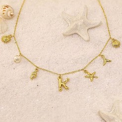 Summer Brass Initial Letter Starfish Shell Shaped Pendant Bib Necklaces for Women&nbsp;FS-WGBCAD2-21