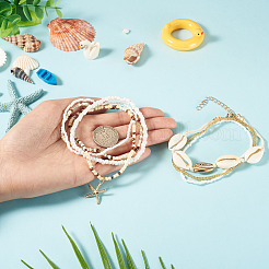 2 Bags Summer Beach Glass Seed Beaded & Natural Shell & Alloy Starfish Charm Anklet Sets&nbsp;AJEW-TA0003-69F
