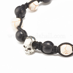 Round Synthetic Turquoise(Dyed) Braided Bead Bracelet with Alloy Skull&nbsp;BJEW-JB07863-03