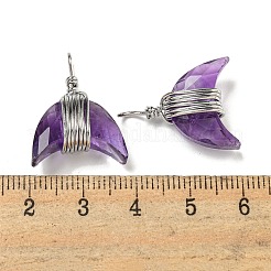 天然アメジスト銅線巻きペンダント  ファセットホーンチャーム  プラチナ  23x17.5x8mm  穴：3x5mm&nbsp;G-B079-01P-06