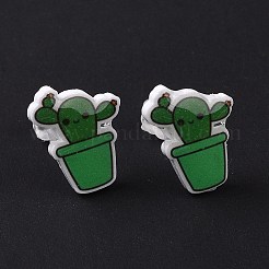女性のためのプラスチック製のピンが付いているアクリルのかわいい植物のスタッドピアス  サボテン模様  13.5x10.5mm  ピン：0.9mm&nbsp;EJEW-F293-01B