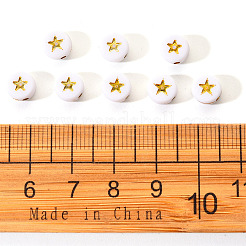 白い不透明なアクリルビーズ  スターとフラットラウンド  黄金メッキ  7x4mm  穴：1.5mm  約200個/袋&nbsp;PACR-YW0001-04A