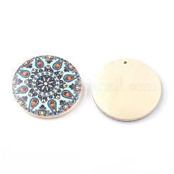 印刷木製のペンダント  フラットラウンド  淡いターコイズ  30x5mm  穴：1mm&nbsp;WOOD-S045-034A