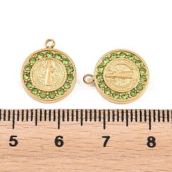 304ステンレススチールラインストーンペンダント  フラットラウンド、聖ベネディクトのチャーム付き  ゴールドカラー  ペリドット  14.5x12.5x2mm  穴：1.5mm&nbsp;STAS-Z202-05G-04