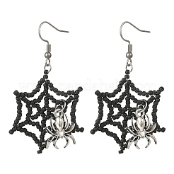 Halloween Theme Spider Web with Spider Handmade Glass Seed Beaded Dangle Earrings&nbsp;EJEW-MZ00481-01