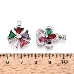 真鍮製マイクロパヴェキュービックジルコニアペンダント  花  プラチナ  カラフル  19~20.5x17~18x4~6mm  穴：4.5x2.5mm&nbsp;KK-T072-57P