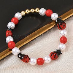 Brass & Lampwork & ABS Imitation Pearl Beaded Stretch Bracelets for Women&nbsp;BJEW-F515-08G