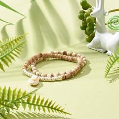 エネルギーパワー合成ターコイズ（染色）ストレッチブレスレットセット、女の子、女性用  タカラガイの殻が付いている天然ココナッツロンデルビーズブレスレット  ビスク  内径：2~2-1/4インチ（5.2~5.7cm）  2個/セット&nbsp;BJEW-JB06785