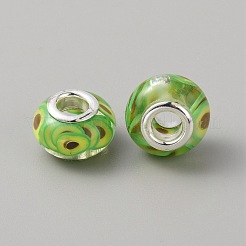 レジンヨーロピアンビーズ  プラチナカラーコア大穴ビーズ  アボカド模様のロンデル  緑黄  14x8.5~10mm  穴：4.8mm&nbsp;RESI-WH0029-43P-04